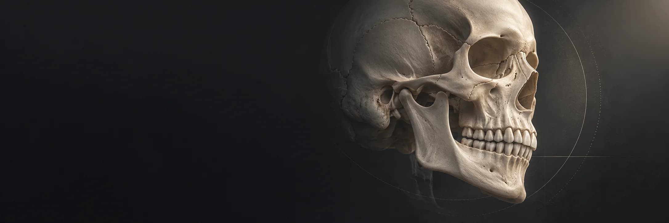 Illustrative skull and jaw anatomy on a dark background