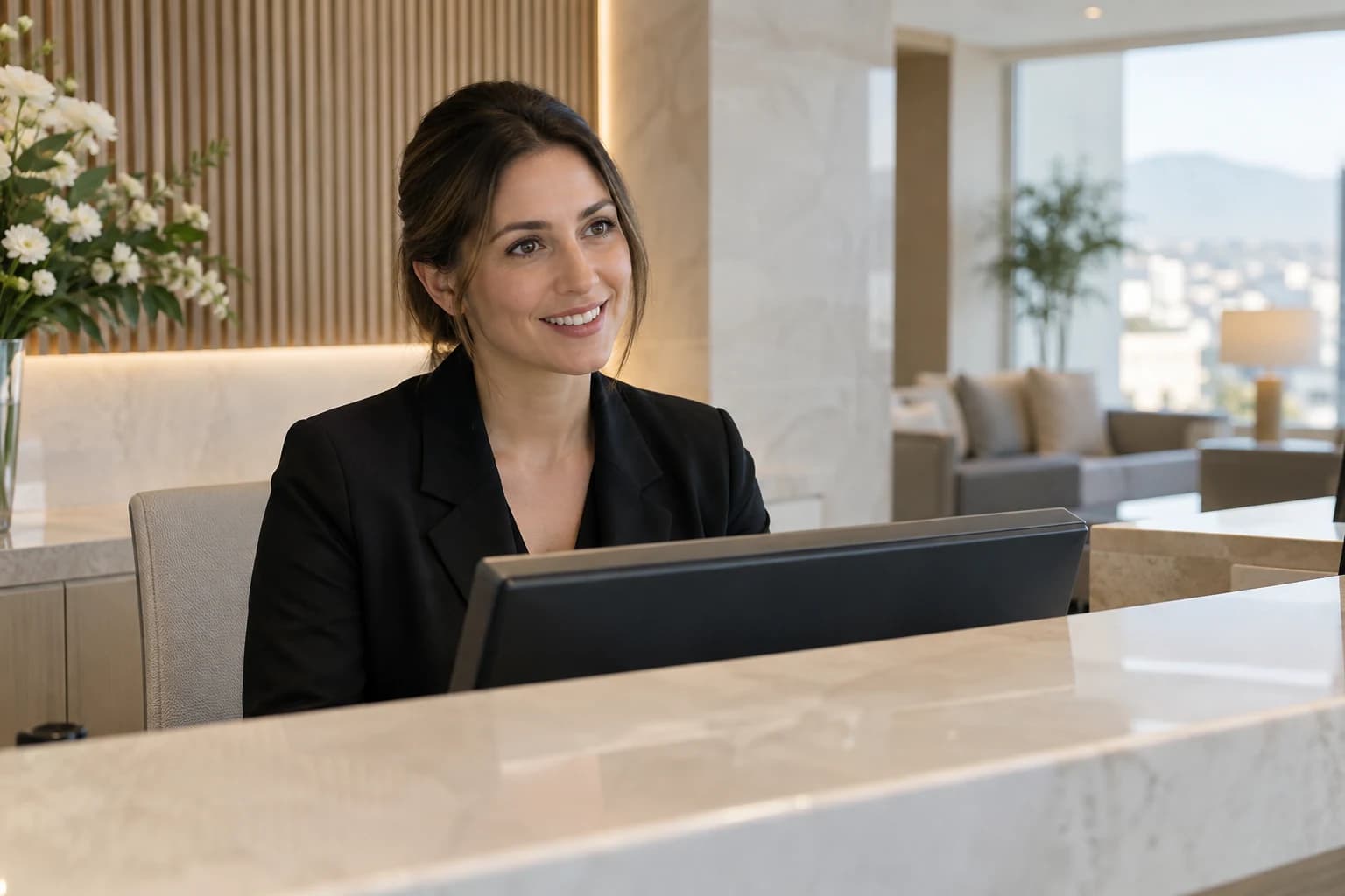 Illustrative international patient coordinator in a generic medical reception area